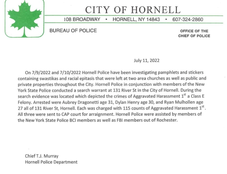 Hornell Police Department arrest three, each charged with 115 felony