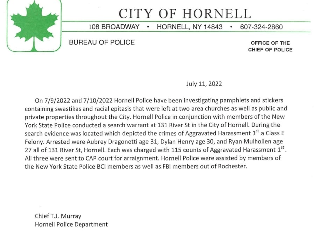 Hornell Police Department arrest three, each charged with 115 felony